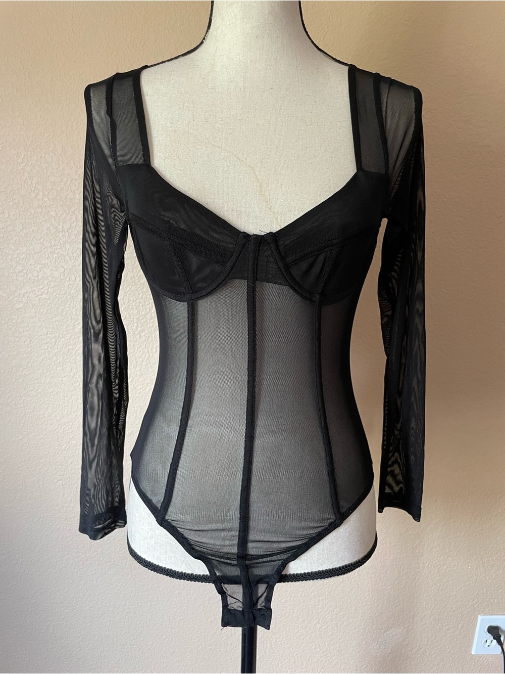 Princess Polly Black Sheer Long Sleeve Bodysuit mesh sheer corset Whimsigoth 4